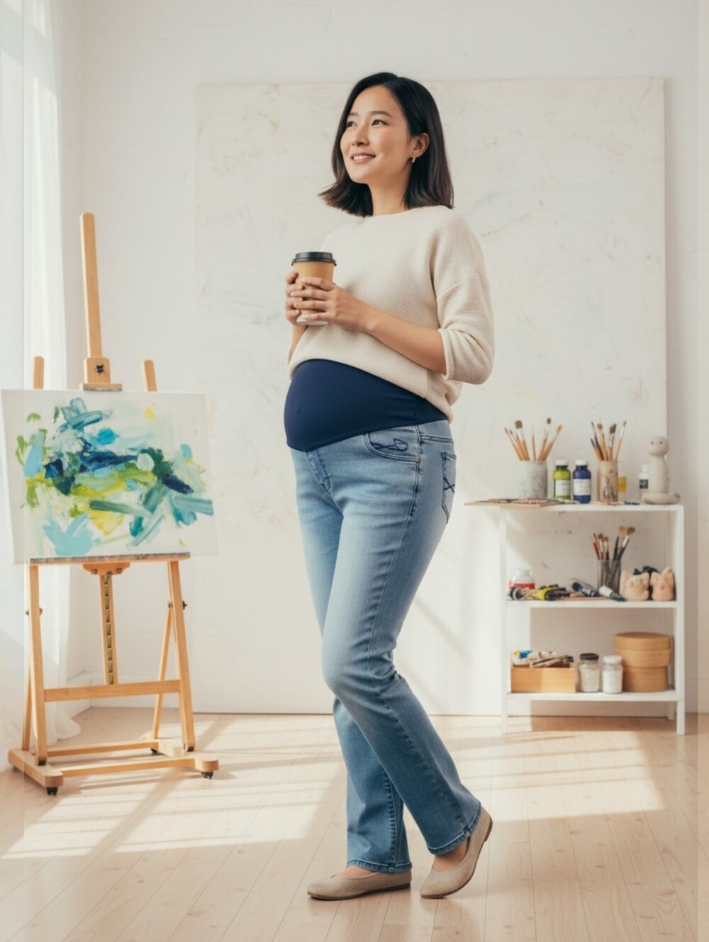 Maternity Jeans Below The Bump Stretch Band Faded Denim Flare Legs Sz M‎
